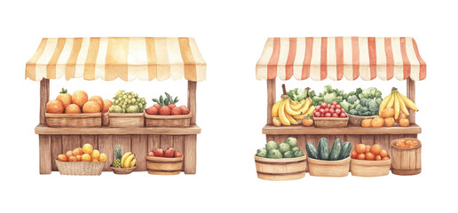 Two rustic fruit and vegetable market stalls
