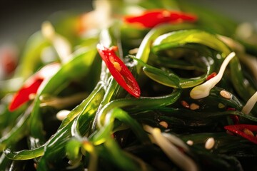 Kombu salad with soybean sprouts, chili, and sesame oil.