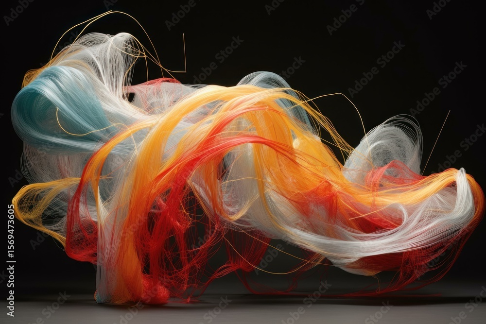 Poster dynamic colorful fibers swirling and intertwining, forming abstract shapes against a dark backdrop