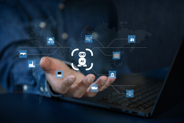 The Business man using AI robots to help analyze and increase efficiency in business