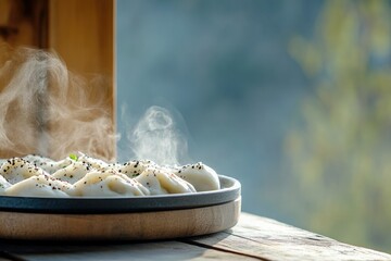 Steaming dumplings with black pepper in sunlit room