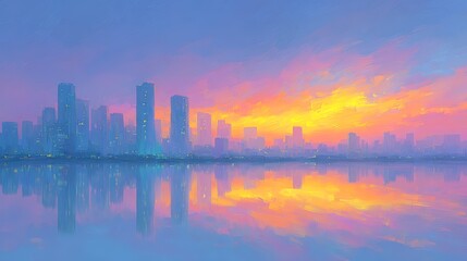 Obraz premium A vibrant skyline at sunset, reflecting colors on calm waters, ideal for use in travel brochures, urban lifestyle promotions, or as a backdrop for inspirational quotes