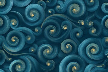 Seamless abstract pattern of swirling koru-style spirals in fine blue and gold line art, evoking Māori influence, flow, and natural energy in a decorative design