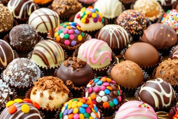 Assorted chocolate truffles with colorful decorations displayed at a dessert shop