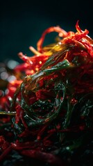 Seaweed salad with kimchi and soy sauce.