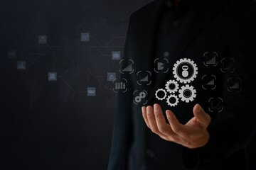 The Business man using AI robots to help analyze and increase efficiency in business