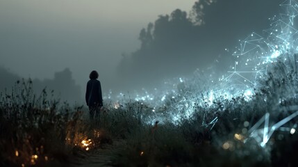 Obraz premium Exploring digital frontiers a child's journey in nature at dawn