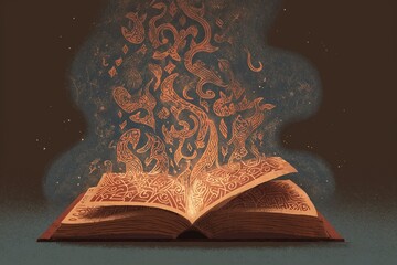 Open magical book glowing with mystical energy and tribal Māori-inspired patterns forming animals and symbols in the air, fantasy and cultural fusion illustration