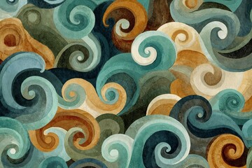 Seamless abstract pattern of koru-inspired spirals in layered watercolor textures with earthy browns, teals, and blues, reflecting Māori design and natural flow