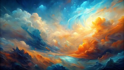 Abstract oil painting, sky blue, orange color brush strokes background, wallpaper, paint texture, bold art, expressive artwork, fine realistic detail, modern style, evoking vibrant emotions, feelings
