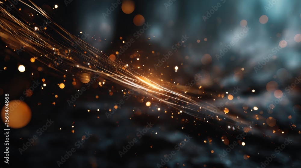 Poster dynamic light particles dancing in dark environment abstract visuals high-contrast bokeh digital art