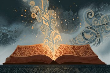 Open magical book glowing with swirling Māori-inspired tribal designs and mystical light under a starry sky, blending fantasy with New Zealand indigenous art
