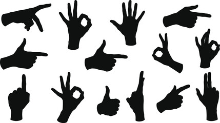 Set of black hand gesture silhouettes, finger signs, pointing, thumbs up, OK sign, isolated vector icons for design illustration