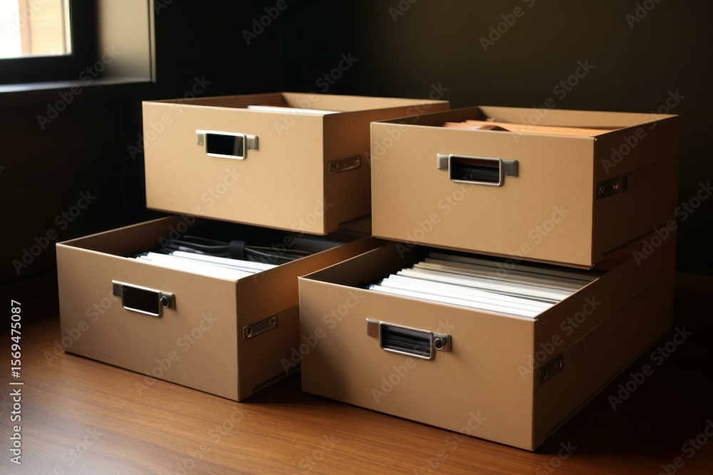 Poster stacked cardboard storage boxes containing documents are placed on a wooden table, representing orga