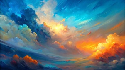 Abstract oil painting, sky blue, orange color brush strokes background, wallpaper, paint texture, bold art, expressive artwork, fine realistic detail, modern style, evoking vibrant emotions, feelings
