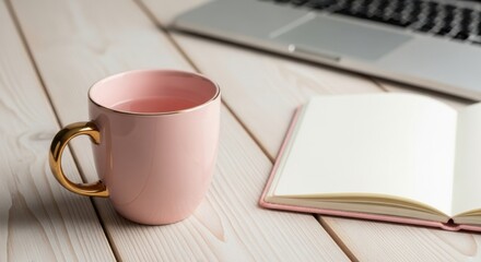 Pink mug and open notebook beside a laptop on a wooden desk