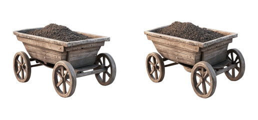 Two wooden mining carts filled with dirt
