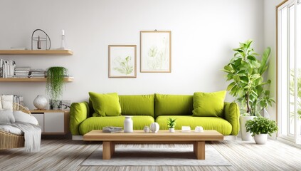 living room with a lime green sofa and a wooden coffee table creates an inviting atmosphere. white walls adorned with indoor plants create an inviting atmosphere.