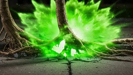 Green explosion from tree roots breaking pavement