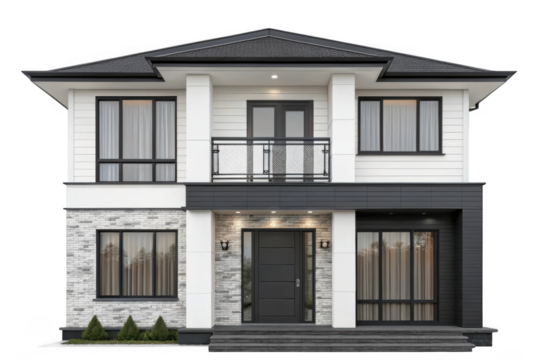 Modern two story white and gray brick house with black accents isolated on transparent background