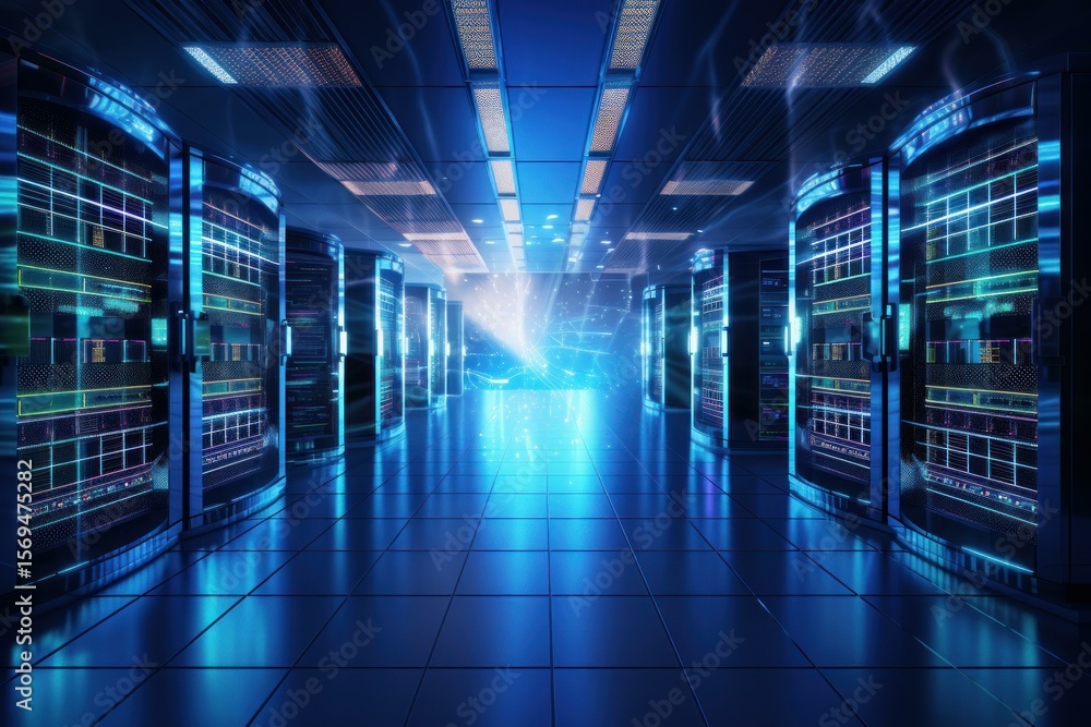 Poster data center server room hosting digital information and database technology with glowing lights
