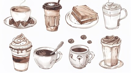 Whimsical Hand-Drawn Coffee & Dessert Illustrations: A Cozy Blend of Sketched Lattes, Fluffy Cakes, and Rustic Sweets – Capturing the Warmth of Café Treats with Imperfect Lines and Watercolor Hues