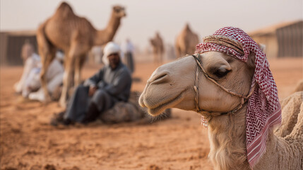 Decorated Camel and Handlers Relaxing at Buraidah Camel Festival in Saudi Arabian Desert