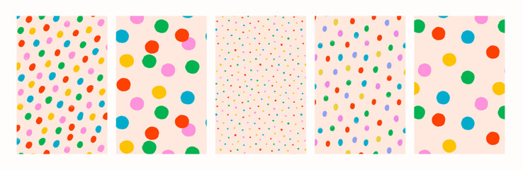 Colorful confetti dot seamless backgrounds. Seamless vector polka dot patterns for wrapping paper, kids room, fabric, stationery. Fun and simple art print. Drag to swatches panel to use