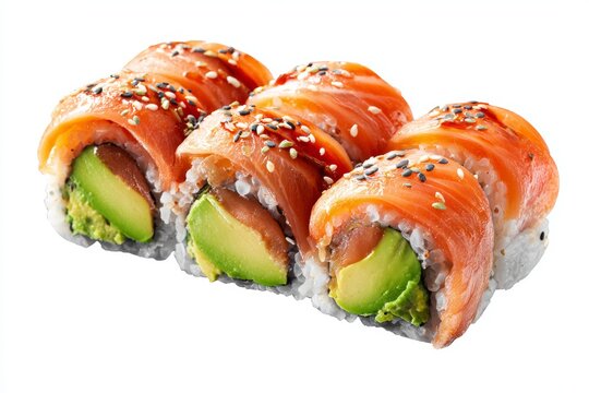 realistic photograph of sushi rolls with salmon and avocado on a white background, isolated, high-resolution photography, high-quality dett.