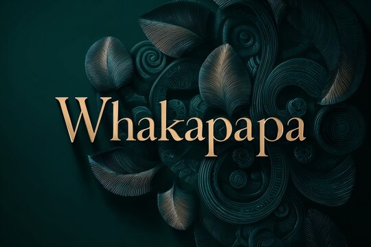Whakapapa word in gold typography layered over swirling Māori-inspired patterns and stylized leaves, representing ancestry, lineage, and cultural heritage