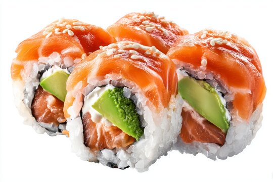 realistic photograph of sushi rolls with salmon and avocado on a white background, isolated, high-resolution photography, high-quality dett.