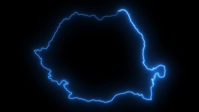 neon glowing Romania map silhouette. Animated Romania map icon with a glowing neon effect. Romania glow map illustration.