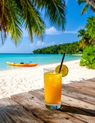 Obraz premium Iced citrus drink with lemon slice in tall glass on wooden table, set against a tropical beach with palm trees, turquoise water, and bright blue sky.