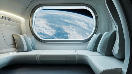 Spaceship interior. View on open space or planet. Futuristic sci-fi laboratory or corridor with neon light.