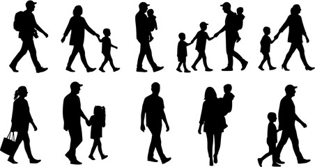 Fototapeta premium Family and kids walking together various poses on white background silhouette set. 