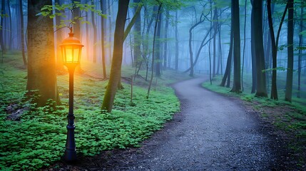 Enchanting forest path illuminated by vintage lamplight in the mystic tranquil woods landscape