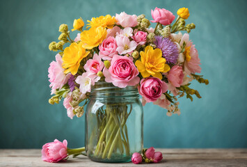 Vibrant Spring Flower Arrangement in Glass Mason Jar