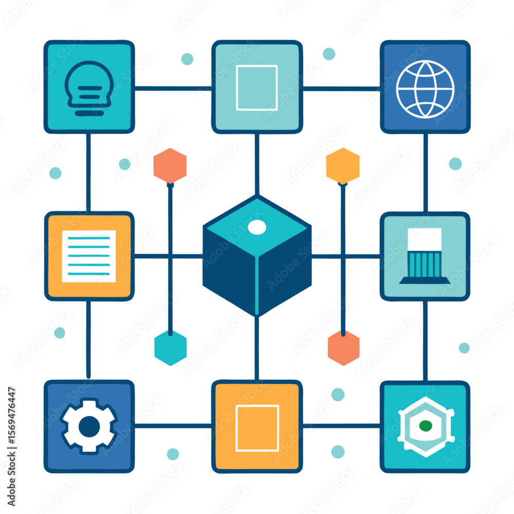 Poster abstract illustration representing network connections and digital concepts in a modern and colorful
