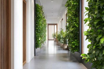 Greenery adorns a modern hallway in a contemporary building with bright lighting and pots of plants