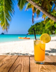 Obraz premium Iced citrus drink with lemon slice in tall glass on wooden table, set against a tropical beach with palm trees, turquoise water, and bright blue sky.