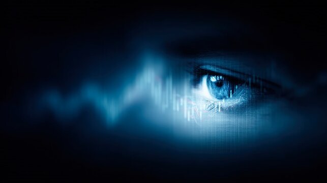 The image features a close-up of a human eye against a dark background, overlaid with digital data patterns, representing focus, analysis, or insight, Ideal for tech, finance
