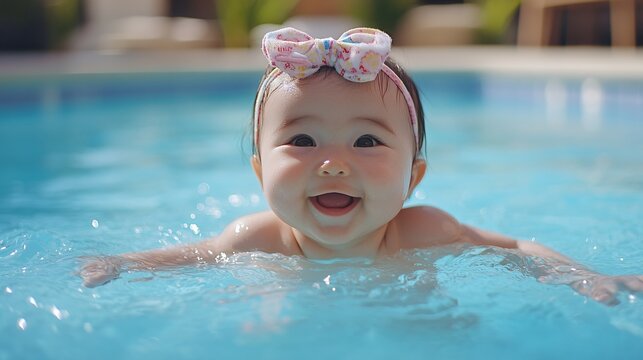 Baby girl swimming joyfully in a pool, sunny backyard background - Powered by Adobe