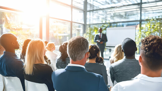 Business professionals engaged in a presentation in a modern conference room with large windows