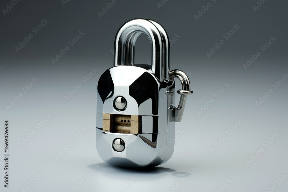 Poster chrome padlock with opened shackle on gradient background representing data protection and security