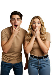 A group of two people reacting to surprising news on transparent background 
