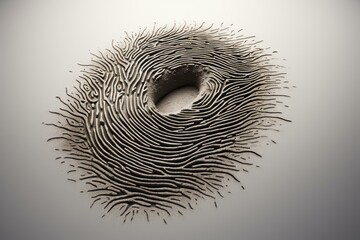 Fingerprint design creating concentric ripples expanding outward from center hole, suggesting concepts of identity, security, and individuality
