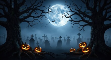 Spooky halloween night cemetery scene with jack o lanterns and full moon
