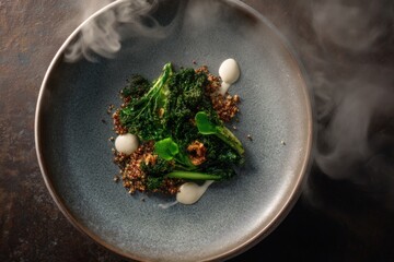 Warm salad with wakame, quinoa, and truffle sauce.