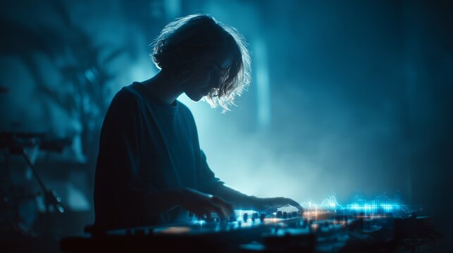 A musician composing a song using a holographic soundwave interface in a studio