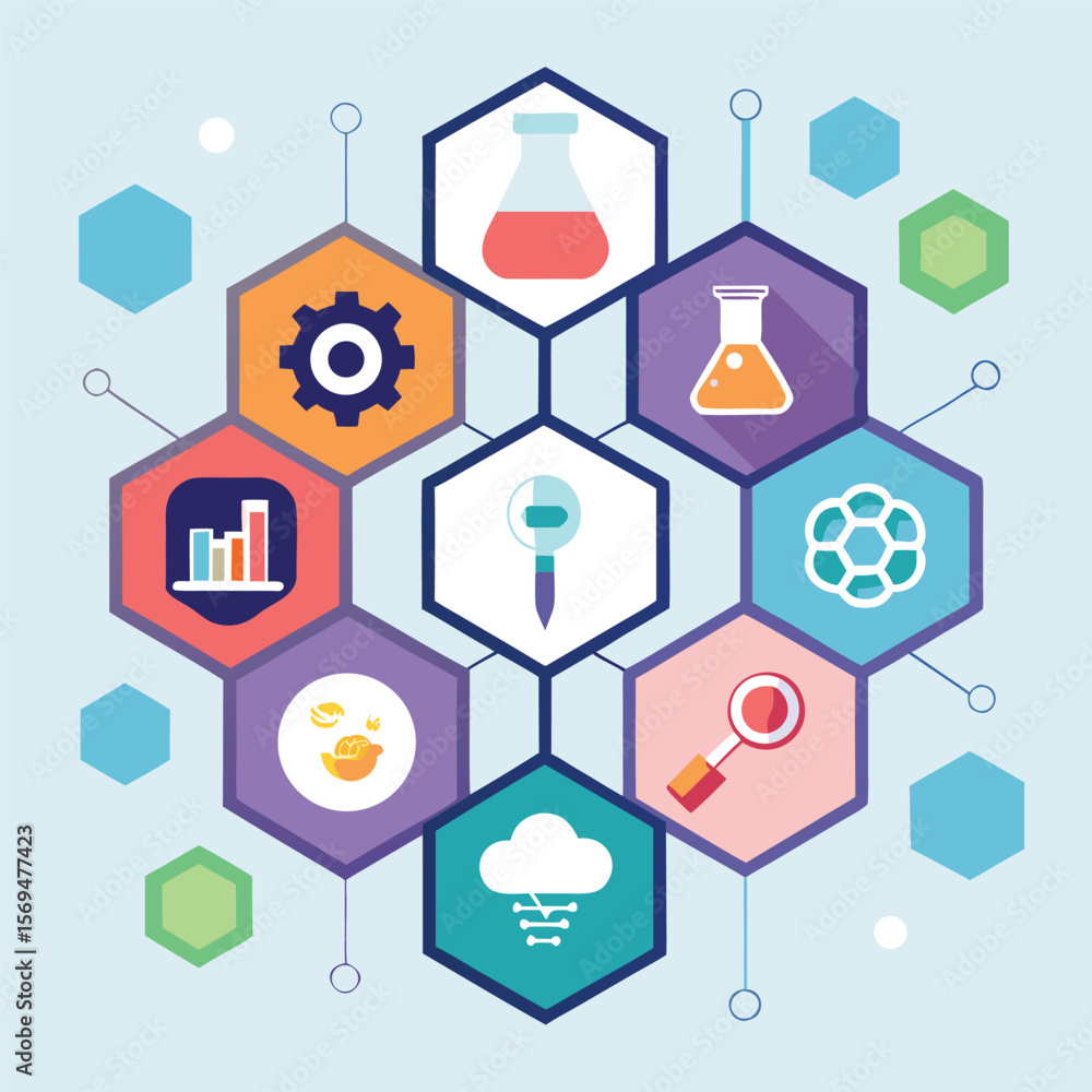Poster abstract scientific and technological concepts illustrated within hexagon geometric shapes and conne